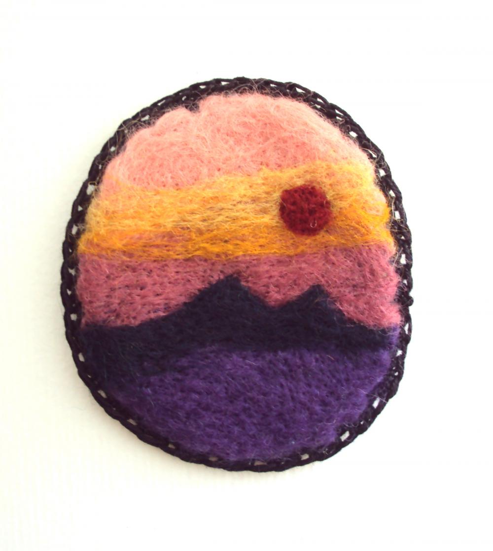 Felt brooch, sunset sky landscape pin, needle felted art badge, made to order.