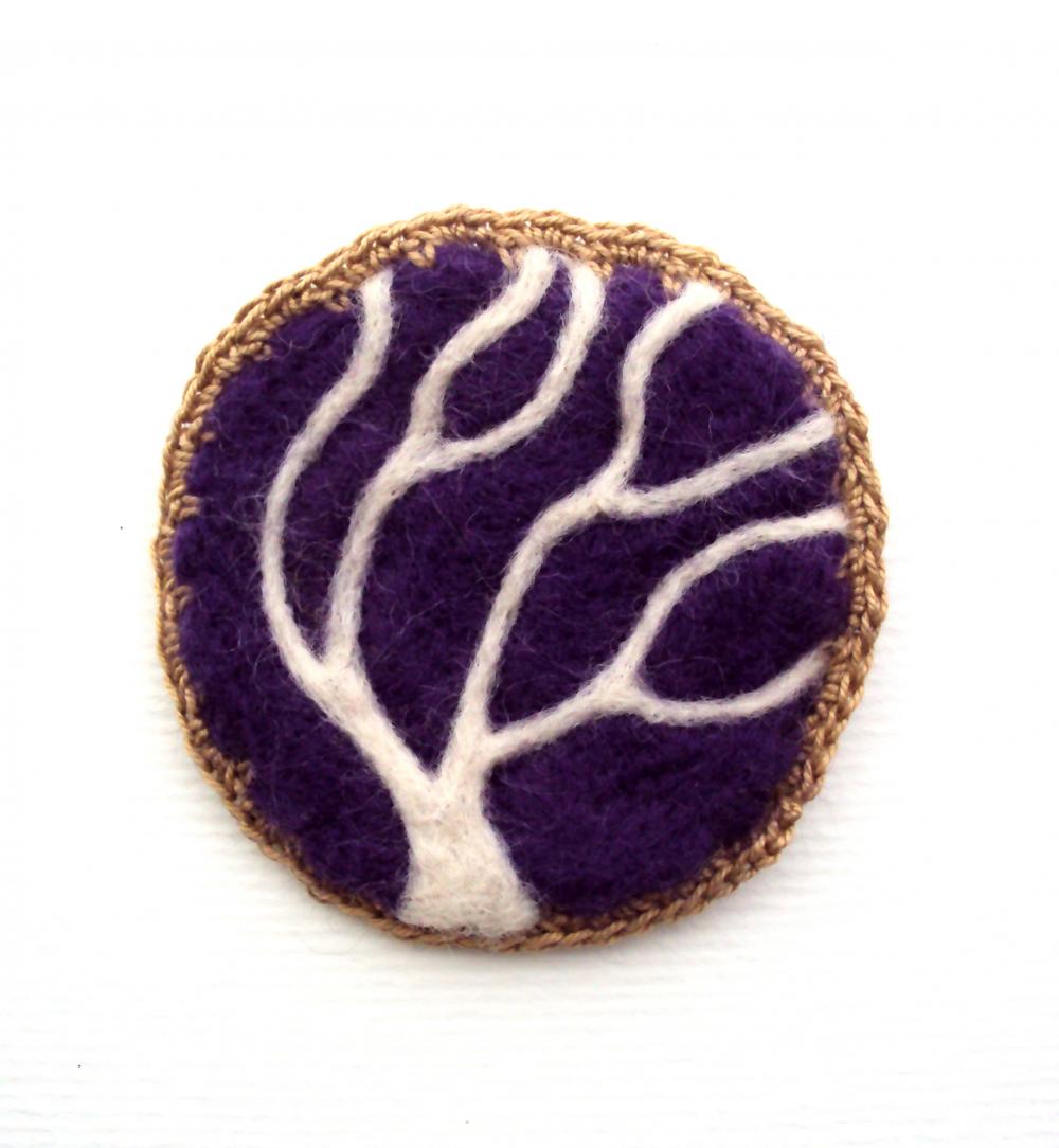 Felt brooch, purple tree pin, needle felted woodland badge, made to order.