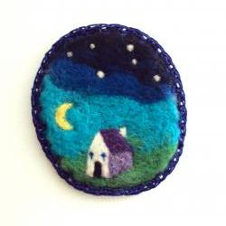 Felt brooch,blue night sky landscape pin, needle felted moon badge, made to order.