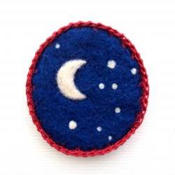 Felt brooch, ultramarine blue night sky, needle felted crescent .moon badge, made to order